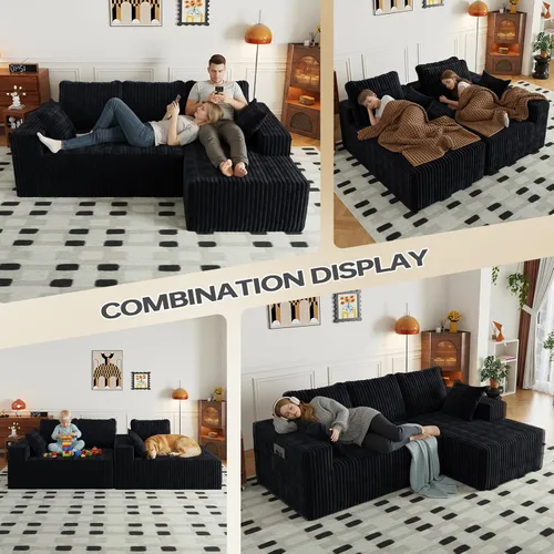 Vista 3 de L Shapes Boneless Cloud Couches for Living Room 4-Seat Modular Sectional Couch with Chaise Lounge, Comfy Flannel Fabric Sofa, Including Pillow and