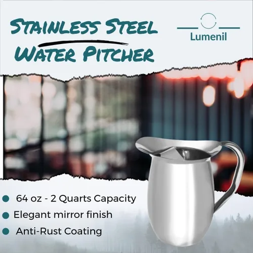 Vista 2 de Juego de 2-64oz, jarra de agua de acero inoxidable con protector de hielo, jarra de acero inoxidable para restaurantes.