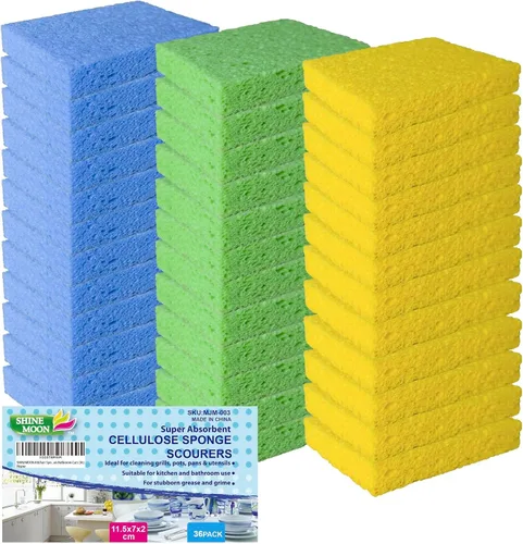 Paquete de 36 esponjas de celulosa comprimida emergentes, esponja de cocina resistente, limpia y resistente sin rayones, ecológicas, reutilizables,