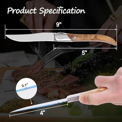 Vista 3 de LUVCOSY Juego de cuchillos para carne estilo Laguiole de 6, juego de cuchillos para carne sin dientes con mango de madera de olivo, cuchillos