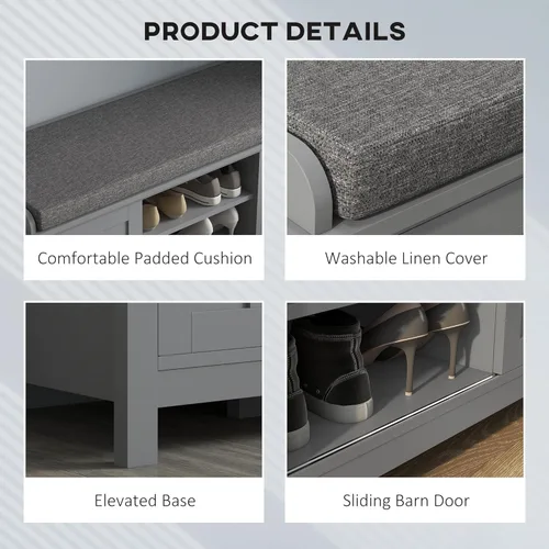Vista 5 de HOMCOM Banco otomano de almacenamiento para zapatos de entrada con puertas correderas, estantería ajustable, 6 compartimentos y asiento acolchado