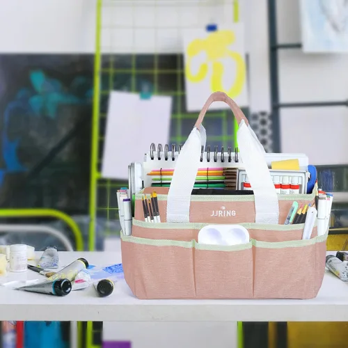 Vista 2 de JJRING Craft Organizer Tote Bag, Art Storage Caddy with Multiple Pockets, Beige Sewing Bag for Art, Craft, Scrapbooking, School, Medical, and Office