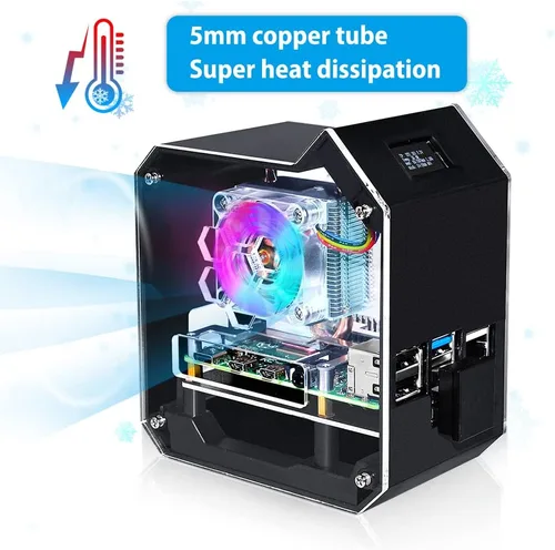 Vista 3 de GeeekPi Kit NAS de mini torre para Raspberry Pi, enfriador de torre PI ICE con ventilador PWM RGB, placa de expansión M.2 SATA SSD, placa