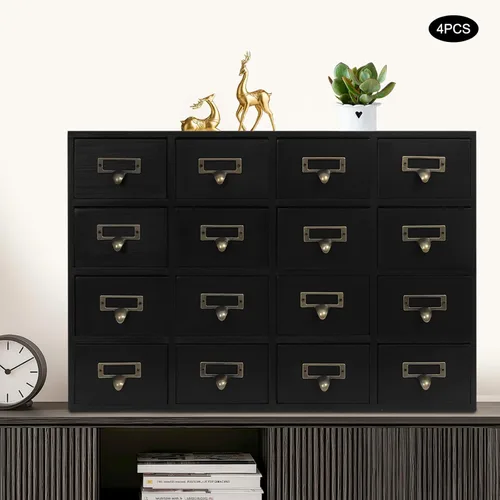 Vista 8 de 4 Set Storage Cabinet, Tabletop Mount 64 Combination Stackable Cabinets Rectangular Drawer Wooden Box with Label Holder Storage Drawer Unit for Black