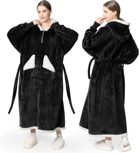 Vista 17 de Touchat - Manta con capucha para usar, sudadera estilo cobija de sherpa de gran tamaño para mujeres con capucha y bolsillo, manta con capucha súper