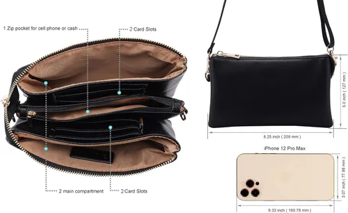 Vista 4 de B BRENTANO Bolso cruzado de cuero vegano con múltiples bolsillos con ranuras para tarjetas, correa de muñeca extraíble y correa de hombro ajustable