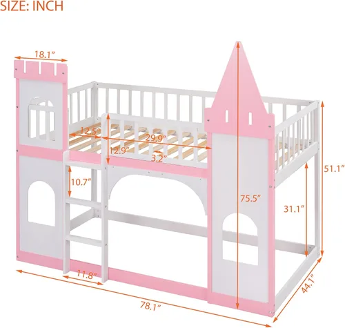 Vista 2 de DEINPPA Litera individual, marco de cama individual sobre individual, cama alta de madera con forma de castillo con escalera de barandilla