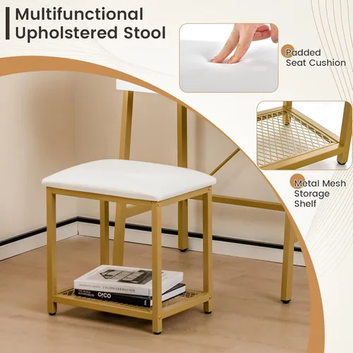 Vista 7 de KOTEK Juego de tocador con espejo, tocador de escalera con taburete acolchado y espejo abatible, 4 compartimentos de almacenamiento, estantes