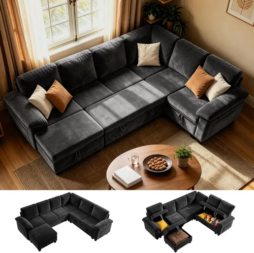 Vista 11 de 86" L-Shaped Sectional Sleeper Couch, Modular Pull-Out Storage Sofa Bed Green