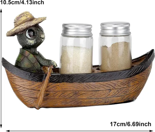 Vista 3 de Turtle in Rowboat - Juego de salero y pimentero, decoración de cocina náutica costera, figura de tortuga con 2 tarros de especias de vidrio