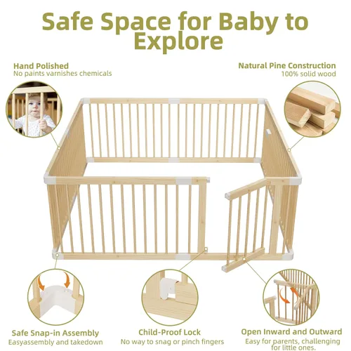 Vista 8 de Corralito grande de madera para bebés, puerta ajustable para niños pequeños y bebés, valla resistente, patio de juegos para bebés con puerta, área