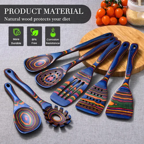 Vista 3 de Utensilios de cocina de madera resistentes al calor, juego de 7 piezas, ecológicos, incluye espátula, pasta y cucharas ranuradas, herramienta