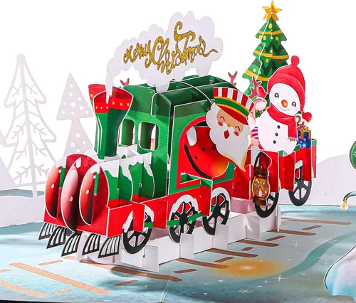 CUTE POPUP - Tarjetas navideñas emergentes de tren feliz | Tarjeta de Navidad religiosa 3D | Tarjeta de Navidad emergente, tamaño mejorado de 6 x 8