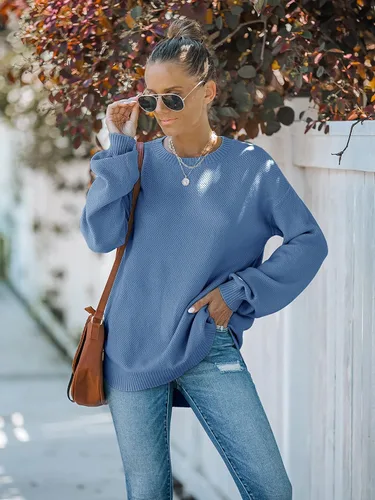 Vista 5 de MEROKEETY Suéter de manga larga de globo con cuello redondo para mujer, suéter de punto gofre, suéter suave para otoño 2023