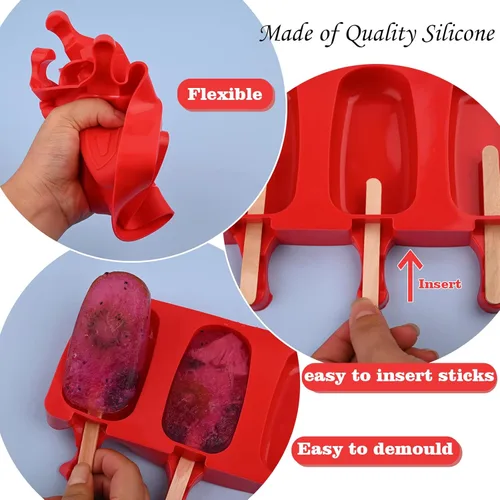 Vista 3 de WMKGG Juego de moldes de silicona para paletas, 2 moldes de helado con 50 palos de madera para cake pop, Ice Pop, Cakesicles (tamaño estándar/rojo)