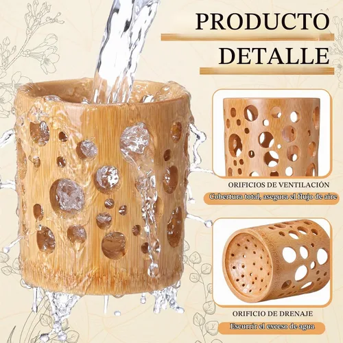 Vista 3 de Paquete de 2 macetas de bambú, maceta redonda transpirable de 4 pulgadas con diseño hueco para un flujo de aire óptimo, orquídea marrón claro