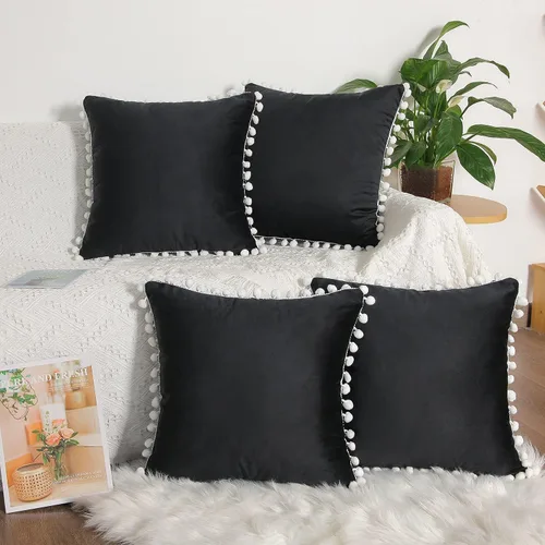 Juego de 4 fundas de almohada decorativas con pompón, de terciopelo de 18.0 x 18.0 in, para sofá de cama, sala de estar, color negro de Hythillow