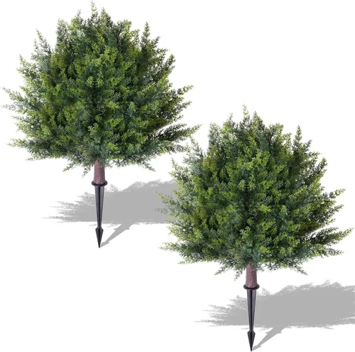 Paquete de 2 arbustos topiarios de ciprés artificiales, plantas de hoja perenne resistentes a los rayos UV, arbustos artificiales de relleno de urna