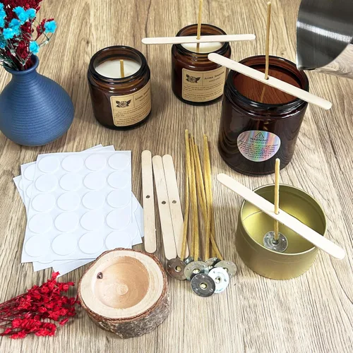 Vista 5 de 50 mechas naturales para velas de 6 pulgadas, preenceradas con cera de abeja 100% y pestañas con 60 calcomanías de mecha de vela y 5 dispositivos