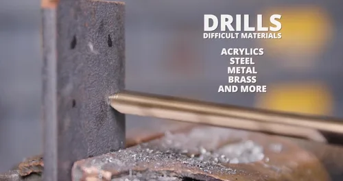Vista 8 de Drill America 1" Broca escalonada de cobalto con vástago plano de 3 ranuras reducido de 1/2", acabado de óxido dorado para perforar acrílico, acero