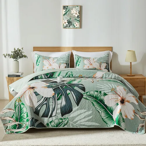 Vista 11 de Yogeneg Juego de ropa de cama Queen con patrón botánico verde y amarillo, juego de edredón blanco matrimonial/queen, colcha de verano ligera y suave