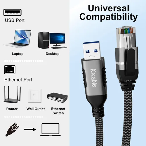 Vista 7 de Cable plano USB a Ethernet de 4 pies, cable delgado USB 3.0 A a RJ45, conectado directamente, aluminio, trenzado, OFC, cable de red LAN USB a RJ45