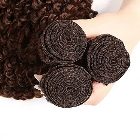 Vista 7 de Manojos de cabello humano castaño oscuro, color chocolate #4, cabello humano rizado marrón oscuro, extensiones de cabello humano rizado de 14, 14