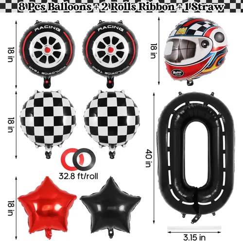 Vista 3 de Globos de cumpleaños de auto de carreras, globo número 0 de carrera, globo de aluminio grande de 40 pulgadas, globo negro 0 para decoración