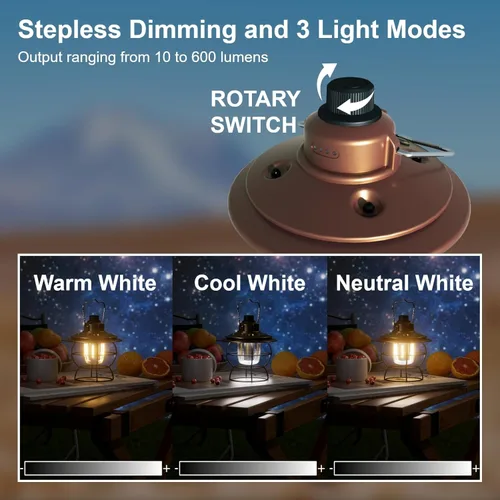Vista 3 de Linterna LED para campamento recargable, regulable, portátil, vintage, para exteriores, 2700-6500K, impermeable, lámpara retro colgante