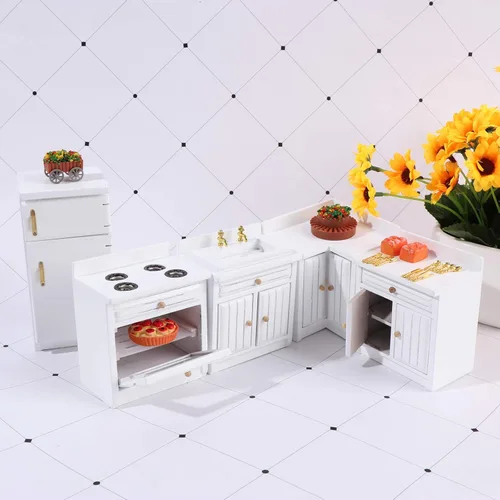 Vista 6 de Kit de muebles de cocina para casa de muñecas 1:12, casa de muñecas, suite en miniatura, armario de cocina de madera, juego de nevera, comedor