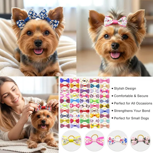 Vista 2 de QingHan Lazos para el pelo de cachorro: 5 cm con bandas de goma, accesorios pequeños para el aseo de mascotas para niñas, 100 piezas (50 pares)