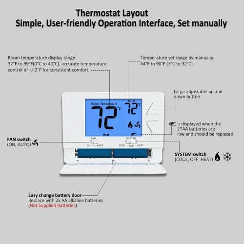 Vista 4 de Termostato no programable para casa, termostato digital de ahorro de energía, sistemas de una sola etapa, 1 calefacción/1 refrigeración, fácil Azul