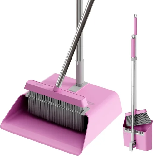 Vista 11 de JOYMOOP Juego de escoba y recogedor blanco, diseño angular vertical con dientes de peine incorporados para cocina, oficina, pelo de mascotas, suelos