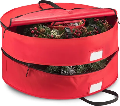 Vista 9 de ZOBER Contenedor de Almacenamiento de Corona de Navidad de 30 Pulgadas - Bolsa para Corona que Cabe 2 Coronas - Tela Oxford 600D - Compartimento