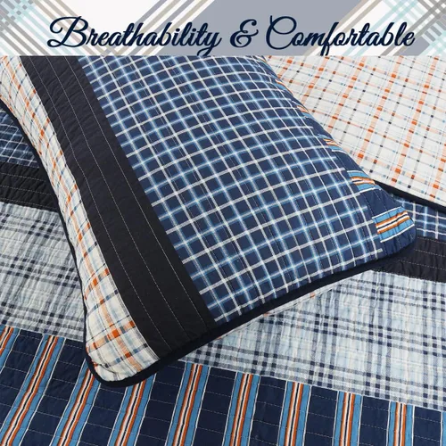 Vista 5 de Juego de ropa de cama de 100 % algodón con estampado a rayas de cuadros azul marino y naranja a rayas, colcha reversible, colcha