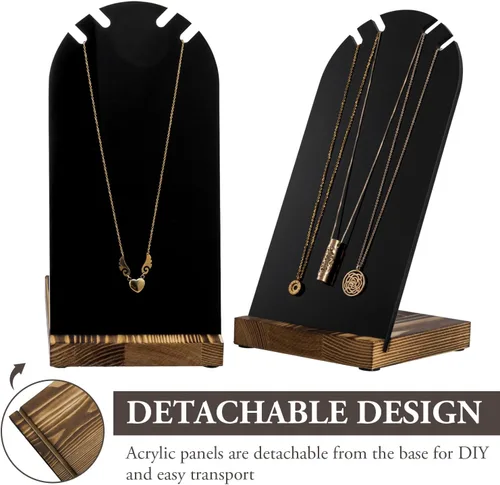 Vista 2 de MyGift Moderno soporte de collar doble acrílico negro con panel desmontable y base de madera maciza rústica quemada, soporte de caballete de joyería