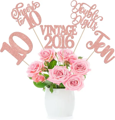 Vista 84 de 15 piezas de centro de mesa de feliz cumpleaños número 10 palos de diez dígitos dobles vintage 2015 centros de mesa de flores palos saludos a 10