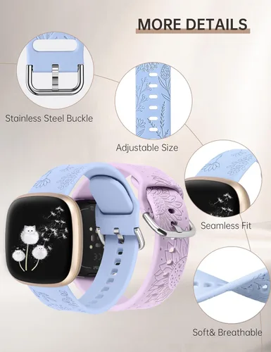 Vista 3 de Minyee Paquete de 2 correas grabadas florales compatibles con Fitbit Versa 4/Versa 3/Sense 2/Sense Band para mujer, lindo diseño de girasol