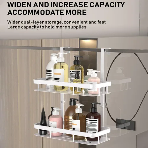 Vista 5 de Over Door Shower Caddy, White Rustproof Bathroom Organizer, 2-Tier Storage Rack, 11.81x5.31 Inch Shelves, No Drilling Required