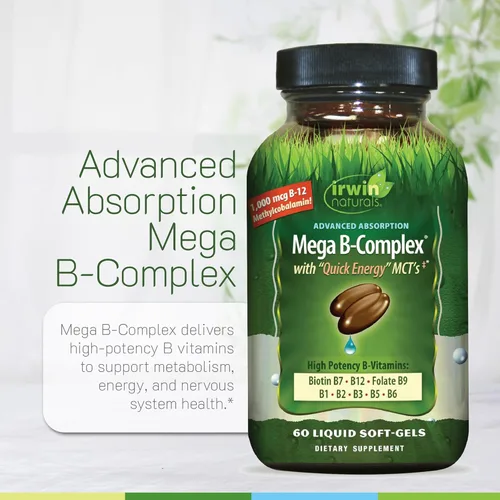 Vista 5 de Irwin Naturals Mega B-Complex - 60 cápsulas blandas líquidas - Complejo de vitamina B con vitamina B12, folato B9, biotina B7, B1, B2, B3, B5, B6