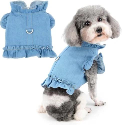 Vista 8 de Zunea Vestidos de arnés de mezclilla para perros pequeños y niñas, chaleco para perro, arnés de princesa con falda con anillo en D, ropa de verano