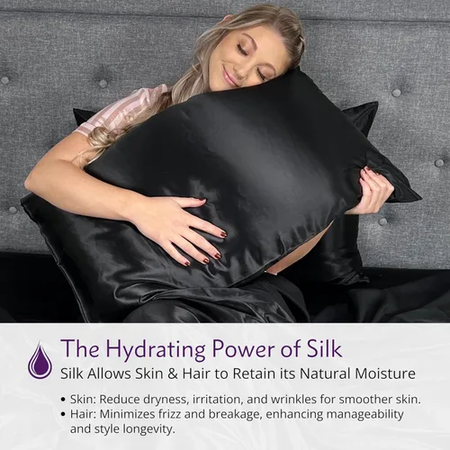 Vista 4 de Mulberry Park - Funda de almohada 100% seda, 22 mommes, seda de morera grado 6A, cierre de sobre profundo, color negro/estándar (20 x 26 pulgadas)