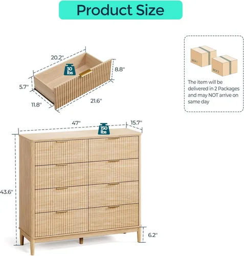 Vista 3 de LINSY Cómoda Acanalada para Dormitorio con 8 Cajones, Cajonera Moderna de Mediados de Siglo con Manijas de Metal Dorado, Cómodas Anchas de Madera