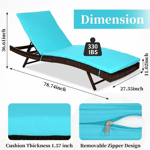Vista 4 de NURTUDIS Sillón de ratán para patio con cojín azul extraíble, silla de piscina con respaldo ajustable, tumbona de PE al aire libre, sillón