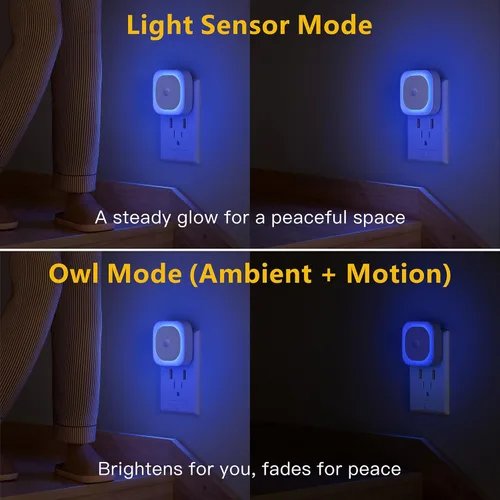 Vista 2 de YUNLEX Paquete de 2 luces nocturnas enchufables con sensor de movimiento y sensor de atardecer a amanecer, 3 modos de sensor, luces nocturnas azules