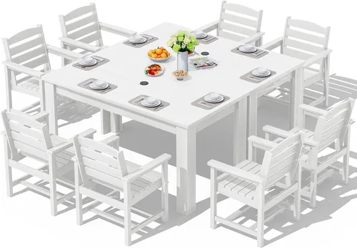 Vista 17 de SERWALL Juego de comedor HDPE para 4, juegos de comedor al aire libre para 4 personas con 1 orificio para sombrilla, mesa rectangular y 4 sillas