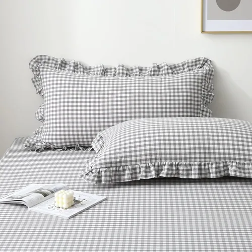 Vista 24 de Paquete de 2 fundas de almohada europeas a cuadros azul polvoriento, blanco, a cuadros, 100% algodón lavado, a cuadros, estilo francés, rústico