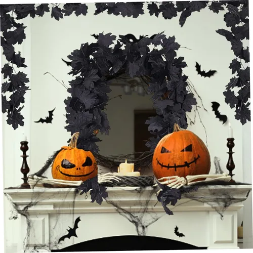 Vista 3 de Guirnalda de hojas negras artificiales de Halloween, guirnalda otoñal, 2 unidades, guirnalda de hojas de arce de otoño de Halloween, 5.7 pies, vid
