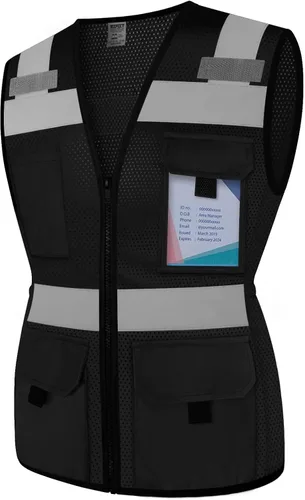 Vista 7 de TCCFCCT Chaleco de seguridad para mujer, chaleco reflectante de malla de 11 bolsillos con cremallera, chaleco de trabajo de construcción de neón