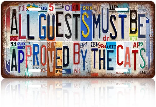 Placa de matrícula de metal con diseño de gato vintage, decoración de pared para los amantes de los gatos, 12 x 6 pulgadas, todos los invitados